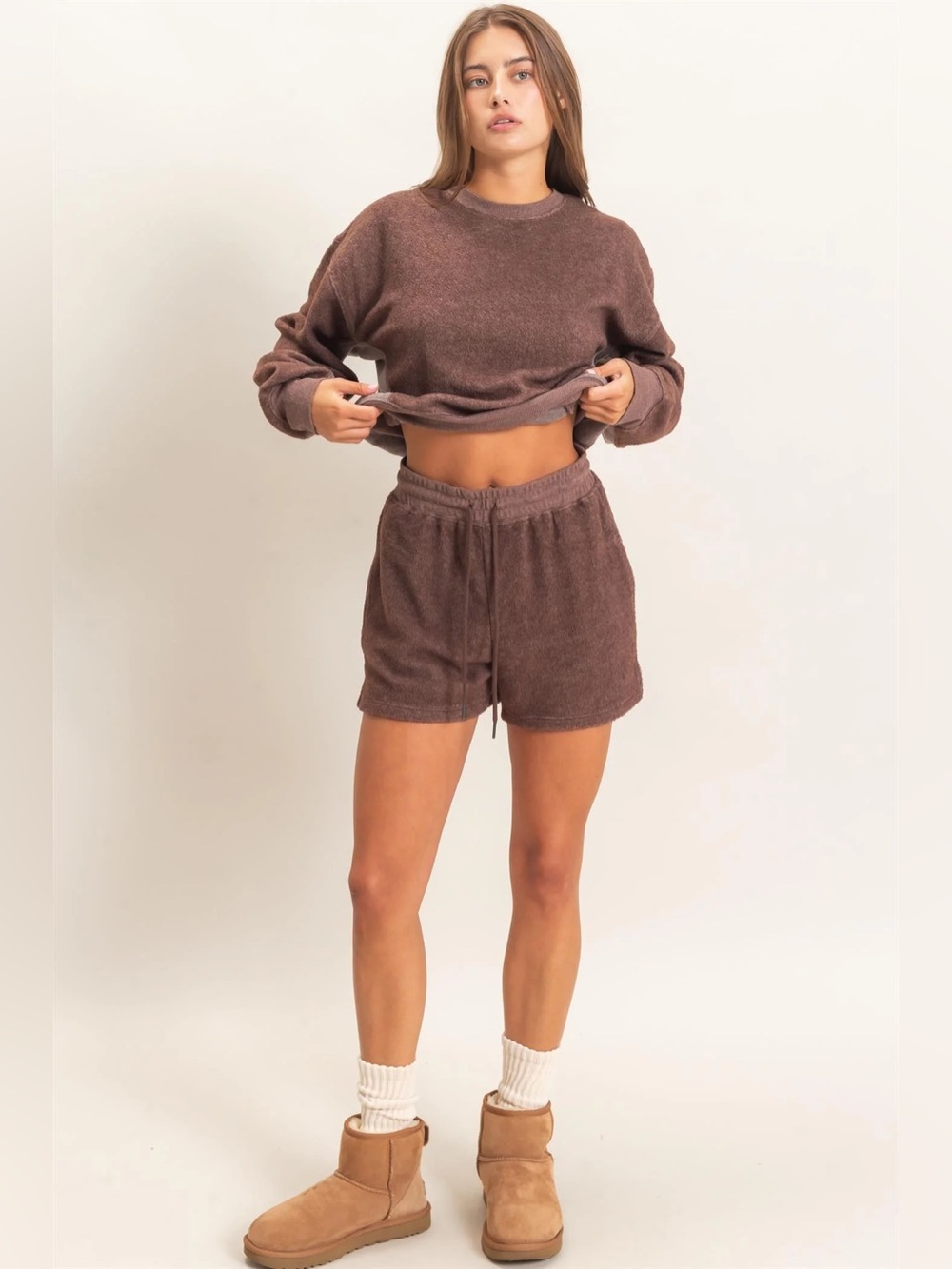 NEW Double Zero Brown Textured Cozy Sweatshirt Drawstring Shorts Lounge Set